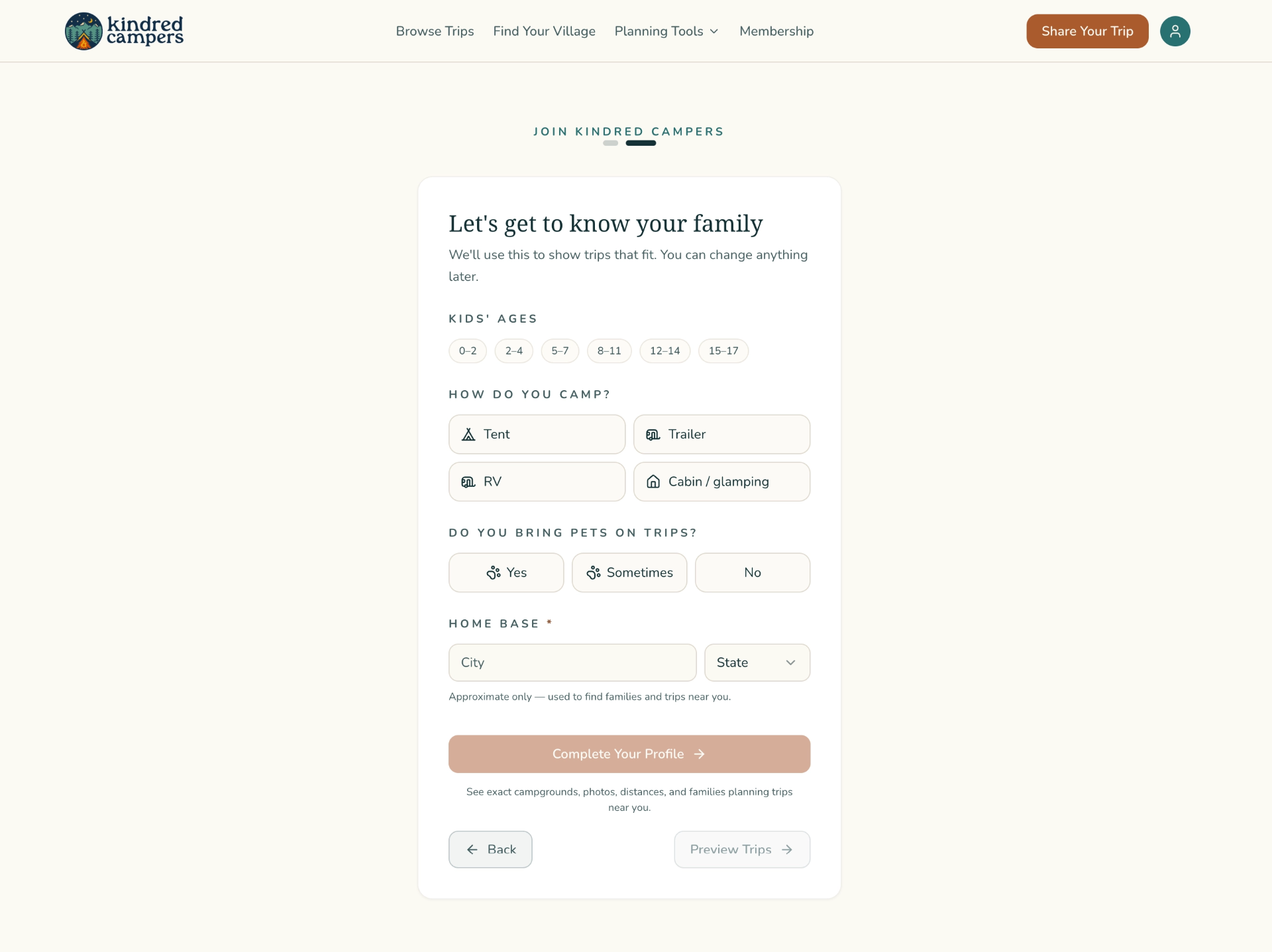 Family compatibility onboarding collecting kids' ages, camping style, pets, and home base region.