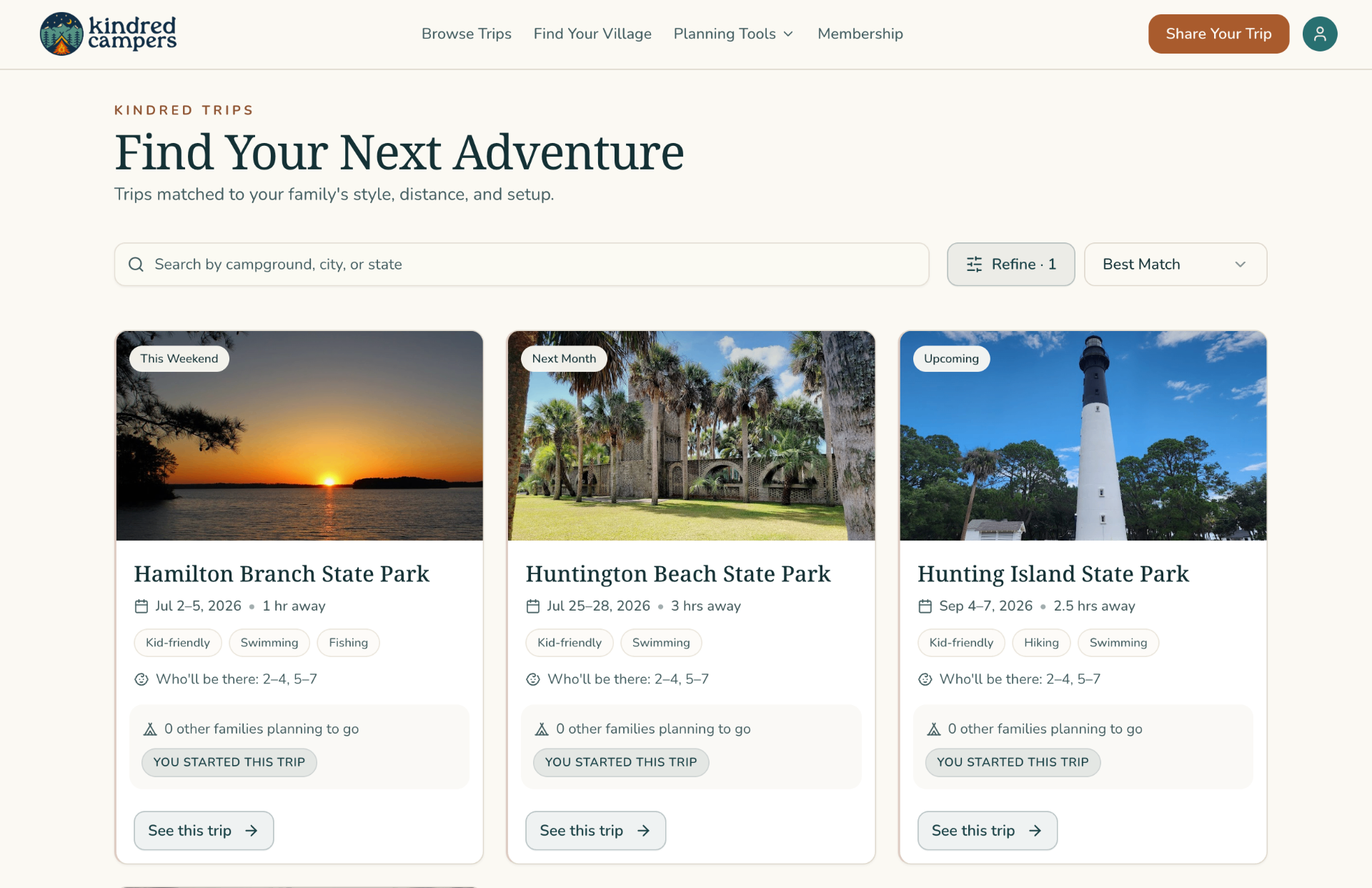 Find Your Next Adventure grid showing planned trips with dates, distance, and family fit.