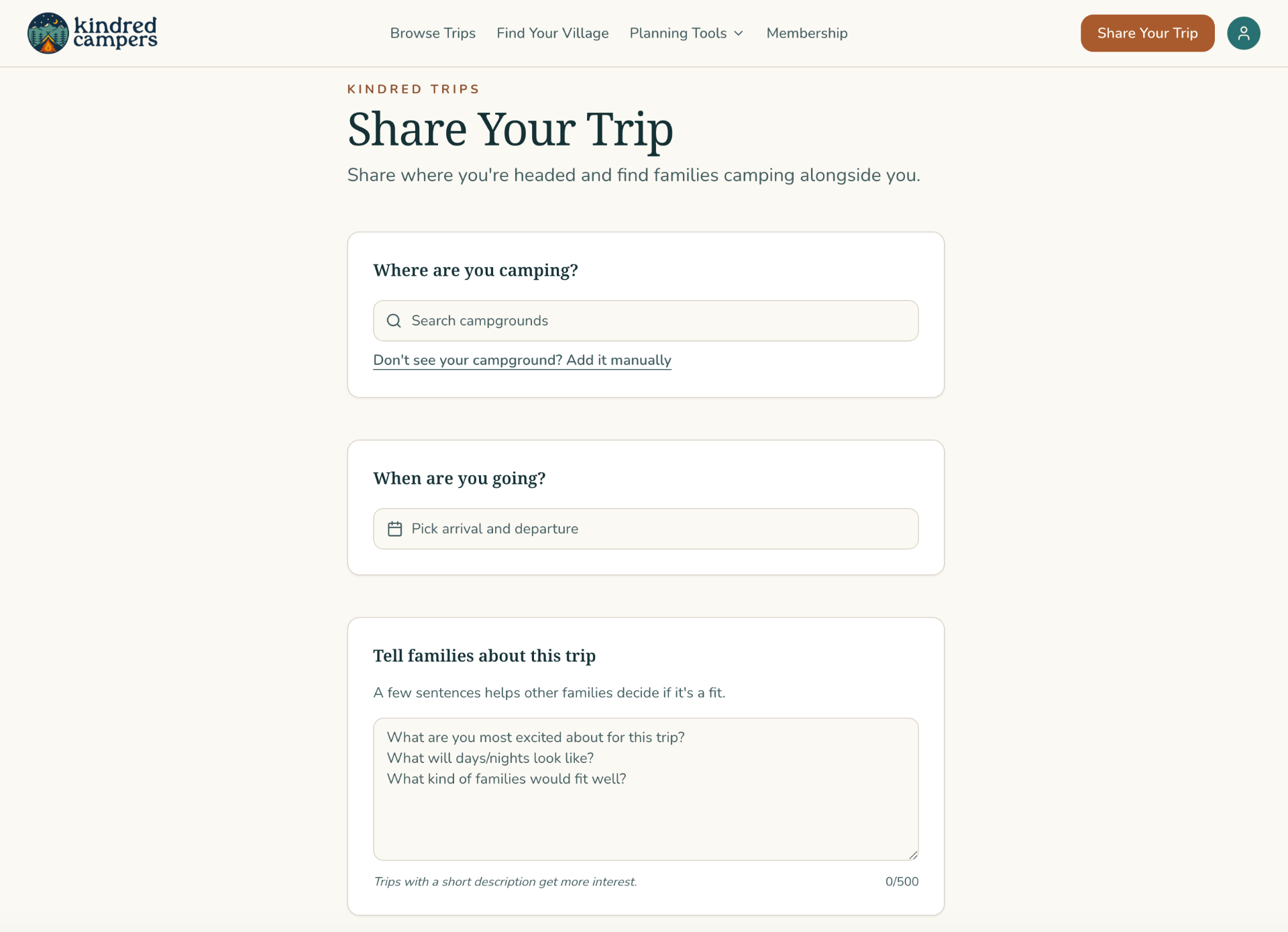 Share Your Trip form: where you're camping, when you're going, and a short note for other families.