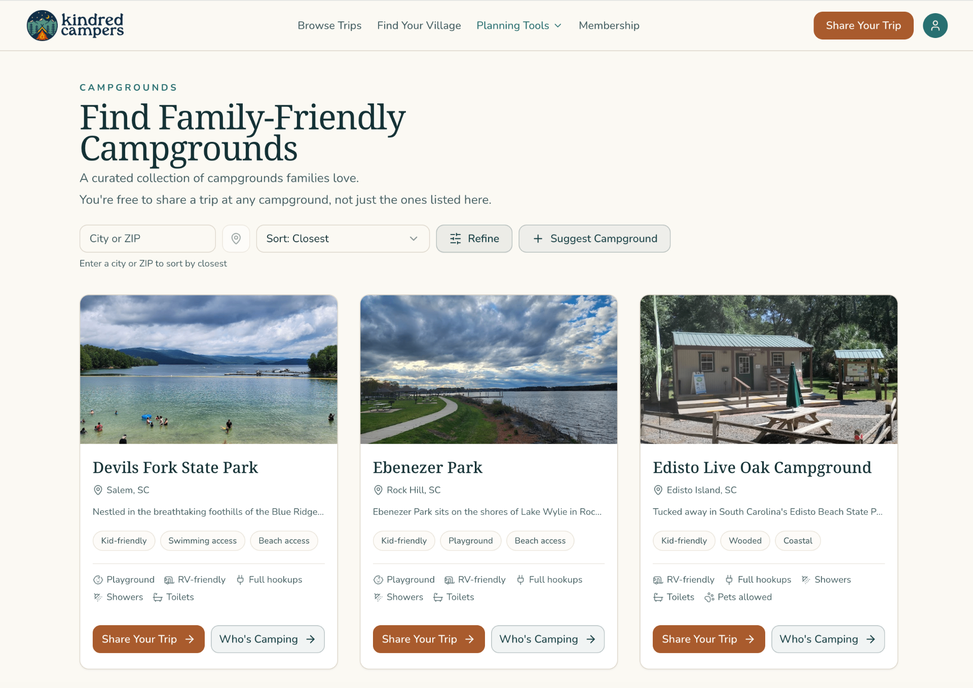 Find Family-Friendly Campgrounds list view with refine, sort, and per-campground cards.
