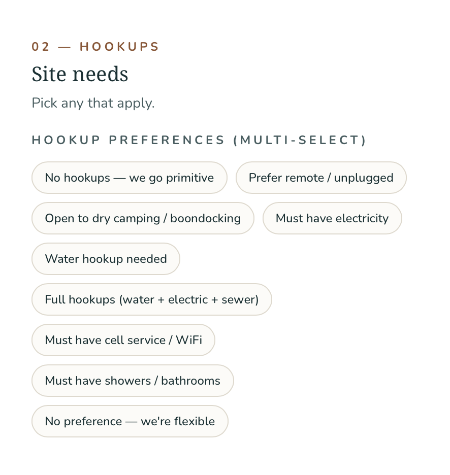 Profile crop showing practical camping requirements like hookups, bathrooms, and cell service.