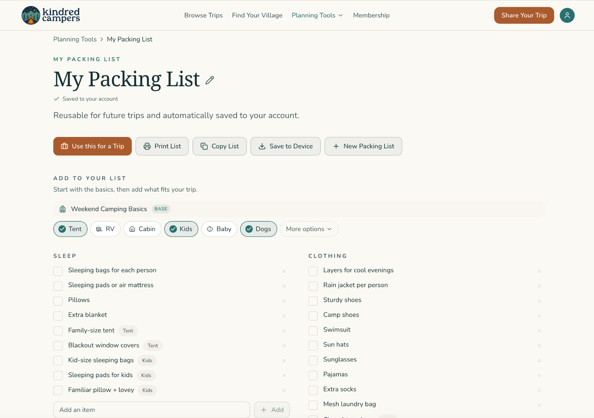 Kindred Campers packing list planning tool