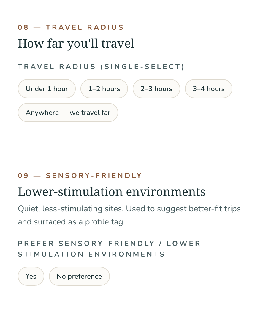 Profile crop showing travel distance and sensory-friendly preferences.