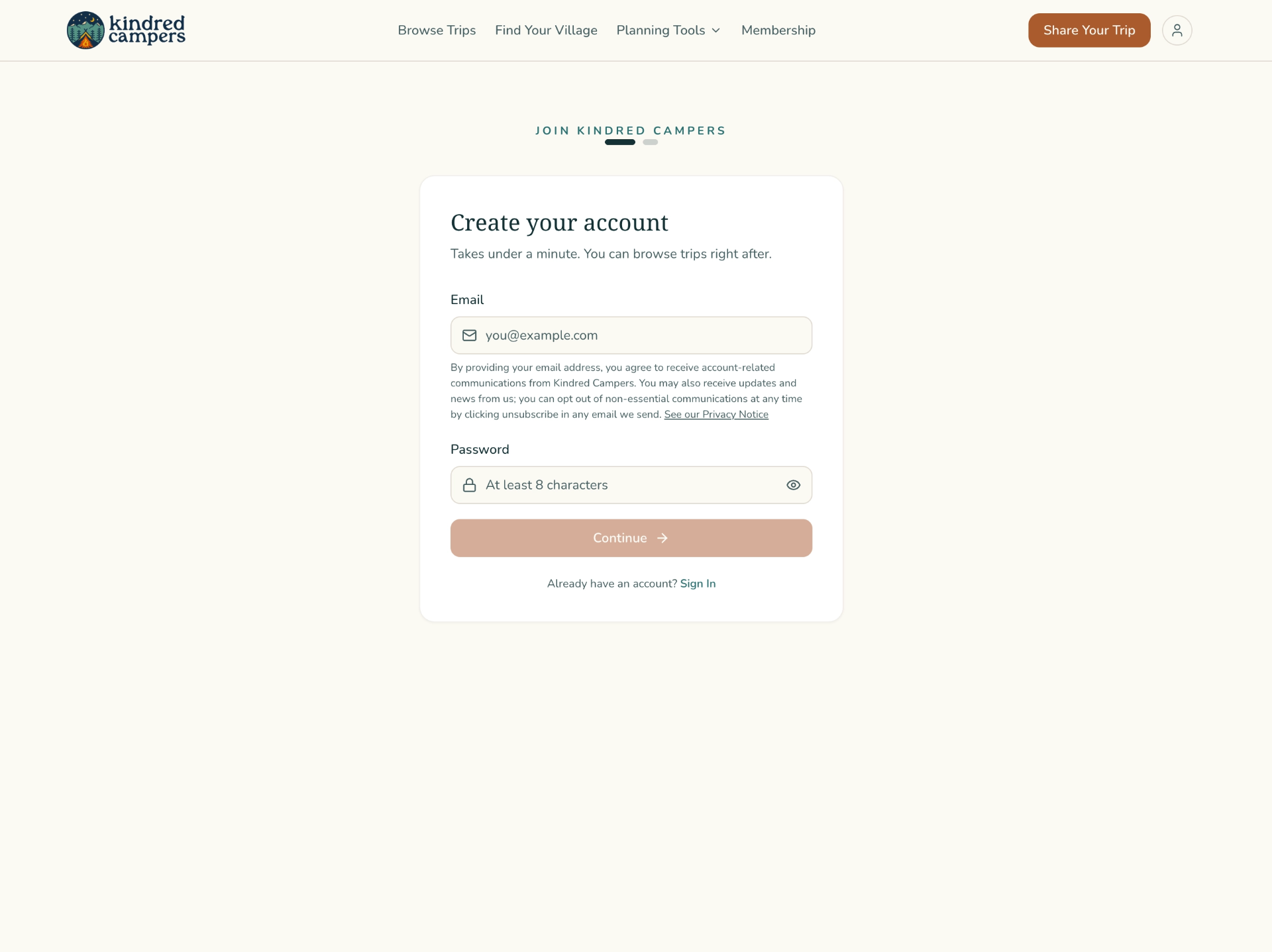 Create your account screen with email and password fields, designed to get families into the product in under a minute.