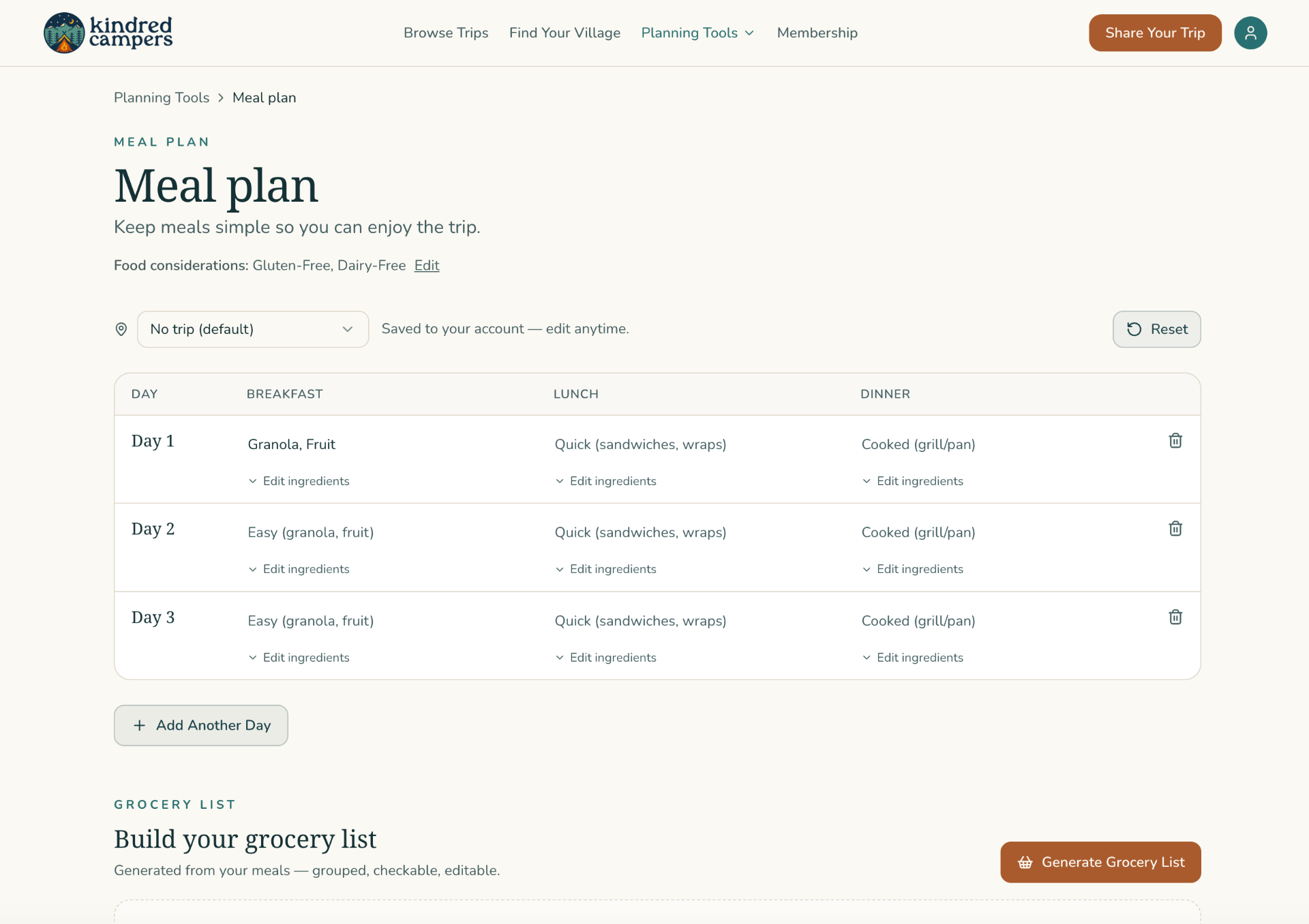 Kindred Campers meal planning tool