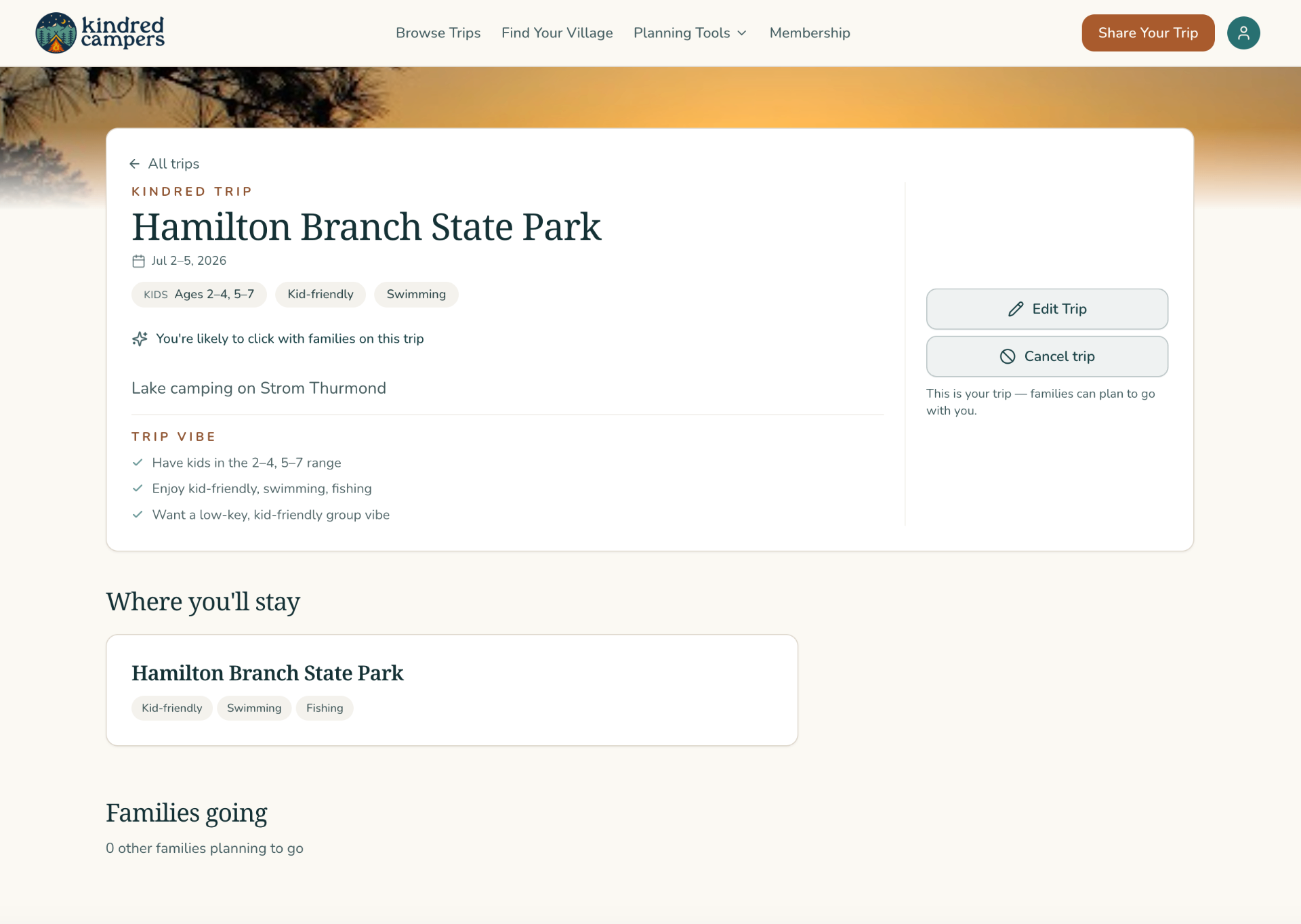 Hamilton Branch State Park trip detail with dates, kid ages, trip vibe, and families going.